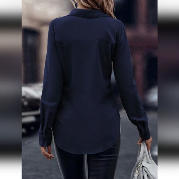 MNG by Mango Midnight Blue Crinkle Texture Collared Button Up Blouse Size 4 - Picture 3 of 13